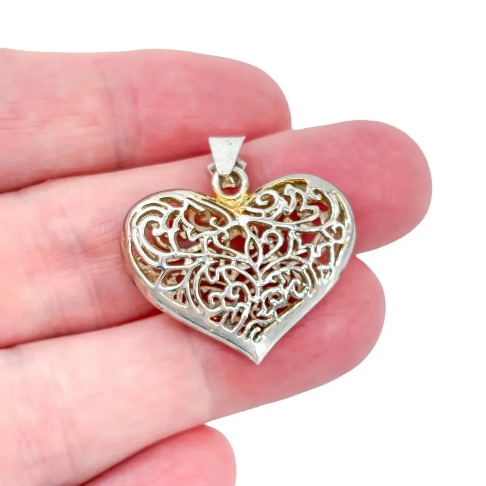 Vintage Sterling Silver 925 Puffy Filigree Heart Pendant